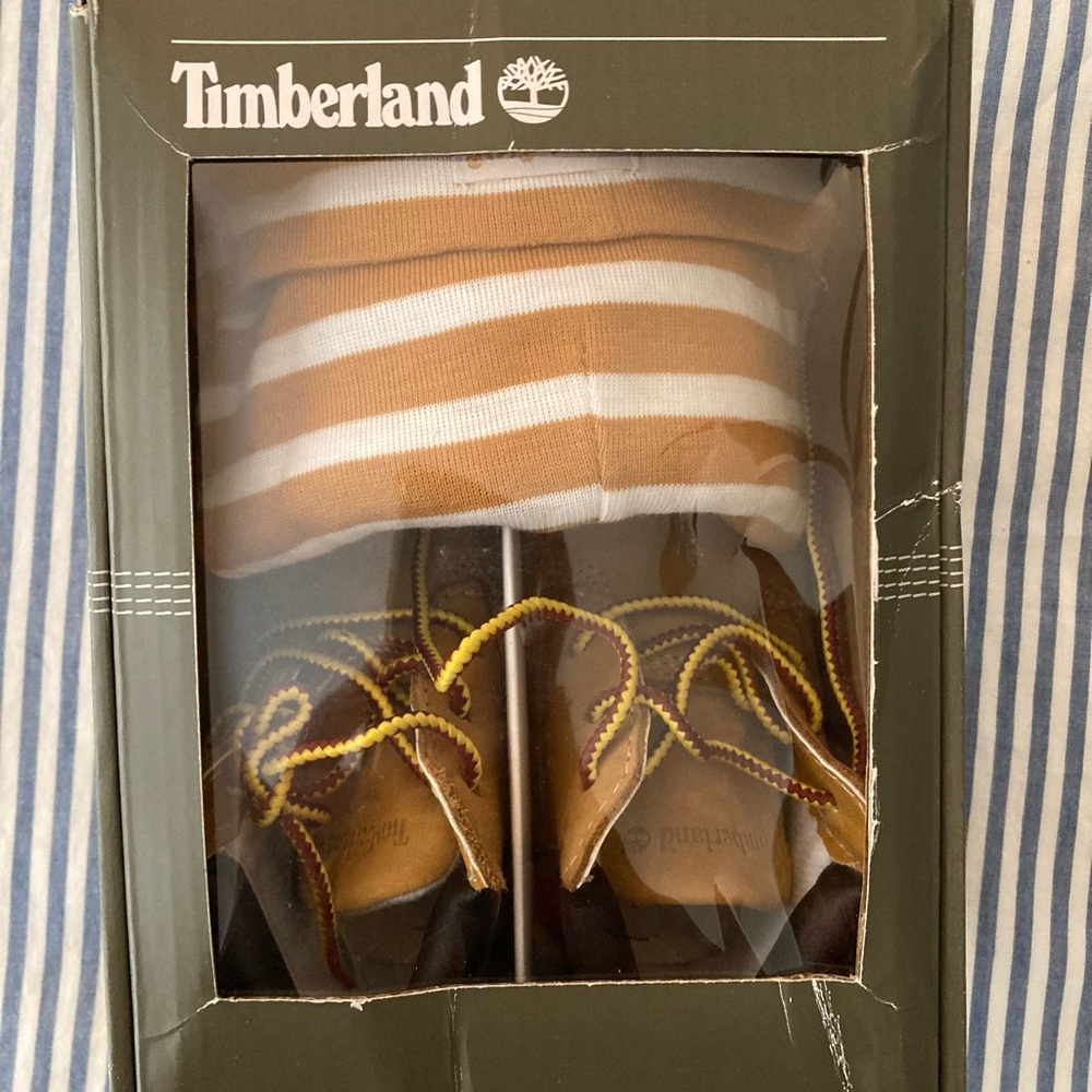 Timberland Infant Toddler Baby Boots & Beanie Striped Hat Set, Size 4